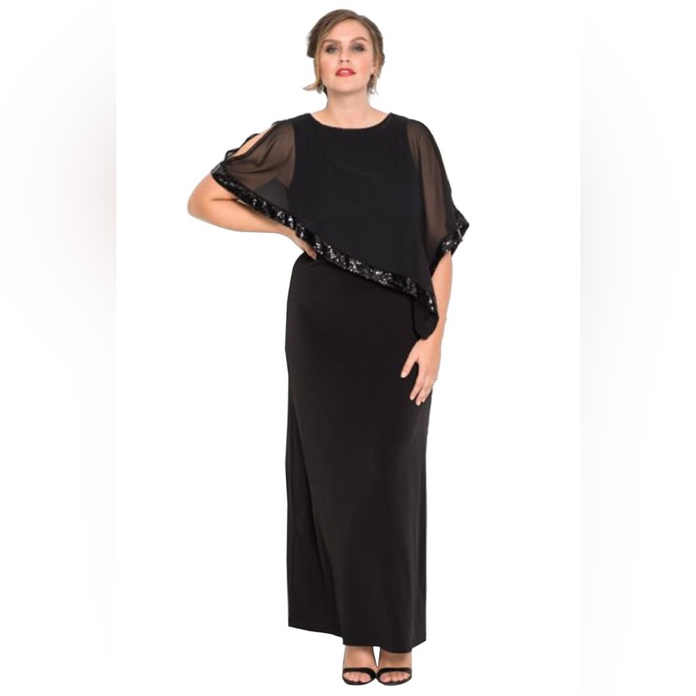 Elegant R & M RICHARDS Black Gown With Sheer Sequin Poncho  Side Slit SIZE 10